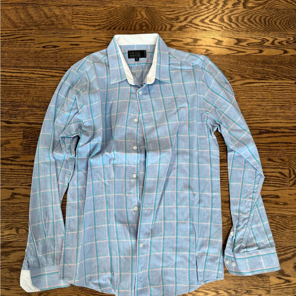 St Lyon Pour Homme XL Blue Windowpane Dress Shirt